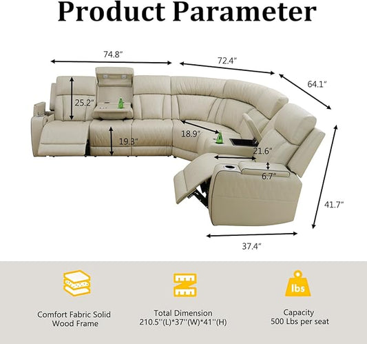 Power Recliner Sectional Sofa with LED Lighting, Breathing Leather Corner Couch with USB Port and Storage Console, Cup Holders, Reading Light – Home Theater & Living Room Seating (Beige)