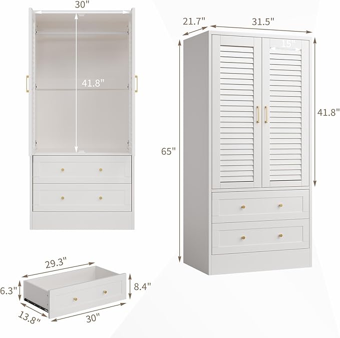 65" Louvered Armoire Wardrobe Closet, Wood Clothing Storage Cabinets with 2 Doors and 2 Drawers, Wooden Wardrobe Closet with Hanging Rod for Bedroom, Cloak Room, Laundry Room, Entrance Hall, White