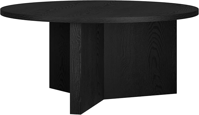 Henn&Hart 36" Round Wood Pedestal Coffee Table for Living Room, Family Room, Office, or Apartment, Natural Black