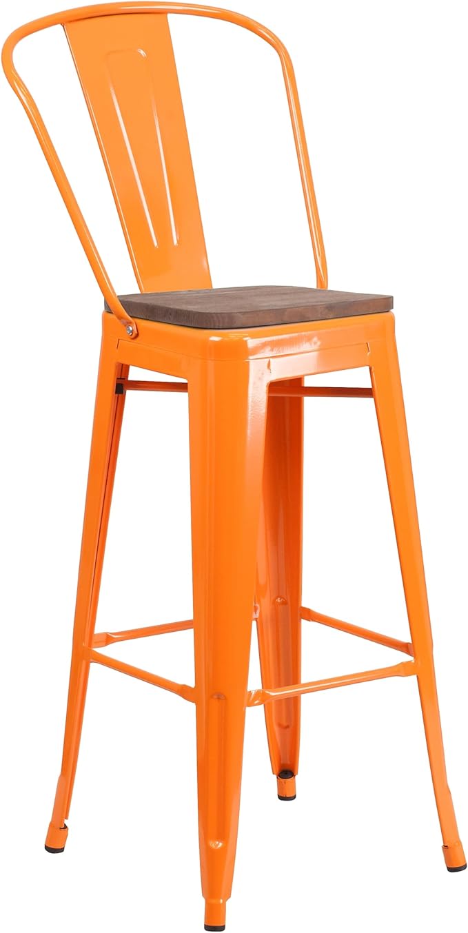 Flash Furniture Commercial Grade 30" High Orange Metal Indoor-Outdoor Barstool with Removable Back