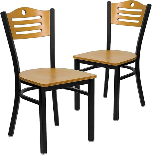 Flash Furniture 2 Pack HERCULES Series Black Slat Back Metal Restaurant Chair - Natural Wood Back & Seat