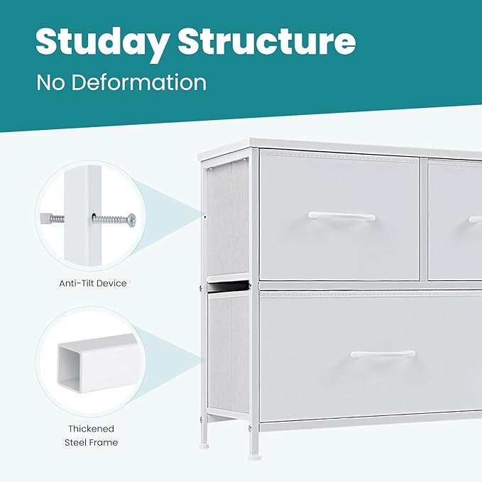 OLIXIS 5 Drawer Dresser Nightstand Classic White, Wooden Top Metal Frame Fabric Storage Organizer for Bedroom Living Room Entryway, Wide TV Stand Closet Chest Furniture