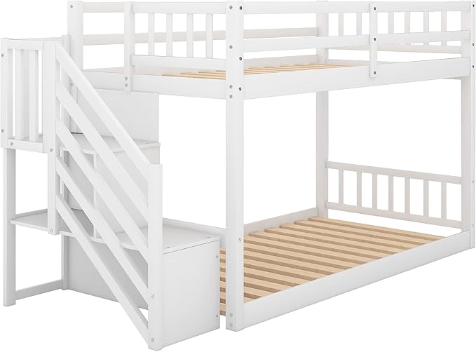 Twin Over Twin Low Bunk Bed with Ladder and for Storage Staircase for Teens, Boys or Girls, No Box Sping Needed