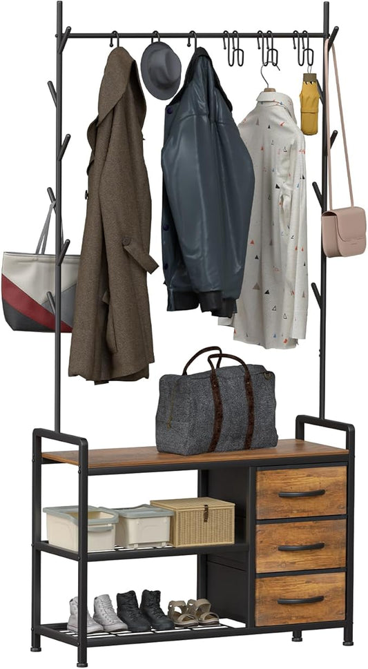 HOMEKOKO Coat Rack Tree Shoe Bench, Hall Tree for Entryway with Drawer Cubby Storage Bench, Wood Look Accent Furniture with Metal Frame, 3-in-1 Design (Rustic Brown)