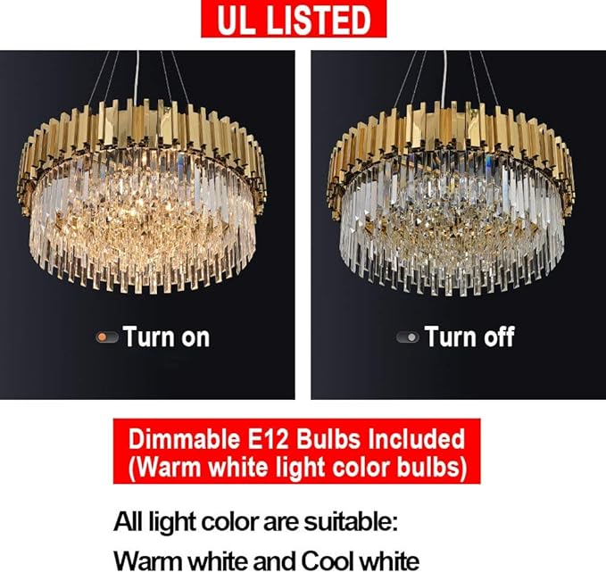 Modern Crystal Chandelier Lighting Round Gold Pendant Lights Fixture with Stainless Steel Shade Island Chandeliers Ceiling Dining Room Living Room Contemporary Kitchen Dimmable 12-Lights