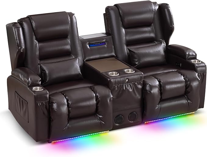 SAMERY Loveseat Recliner Sofa, Power Reclining Loveseat Sofa, Wall Hugger Recliners RV Couch with Console, Lift-Top Table, Rhythm & Ambient LED Lights, USB-C, Outlets, Faux Leather, Brown | Extra Wide Seat, Plush Padding, Dual Power Recline, Lift-Up Ta...
