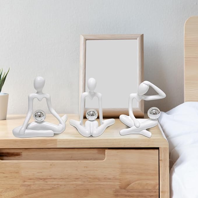 Zerzsy 3pcs Thinker Statue White Decor Abstract Art Sculpture, Thinker Sculptures Resin Collectible Figurines for Home Living Room Office Shelf Decoration, Great Gift Ideas (White)