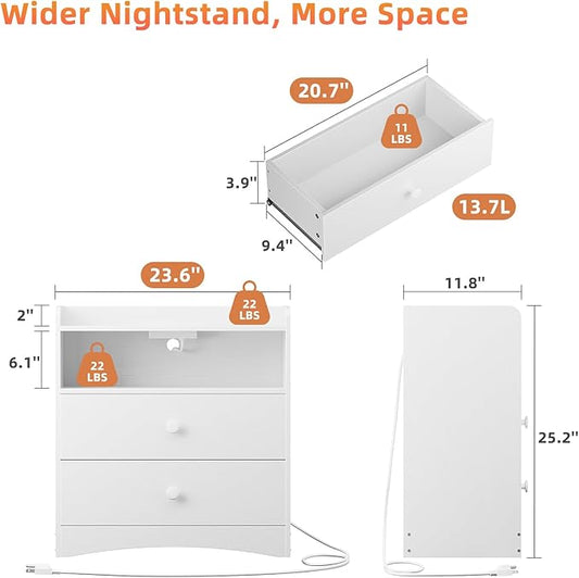 Nightstand with Charging Station and LED Light,Modern Nightstand with USB Ports and Outlets,Wood Bedside Tables with 2 Storage Drawers,Small Dresser for Bedroom Small Space,White