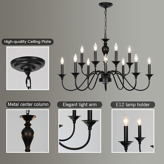 Black Farmhouse Chandeliers for Dining Room Light Fixtures Over Table, 12 Light Industrial Candle Hanging Chandeliers for Living Room Kitchen Island Foyer Staircase