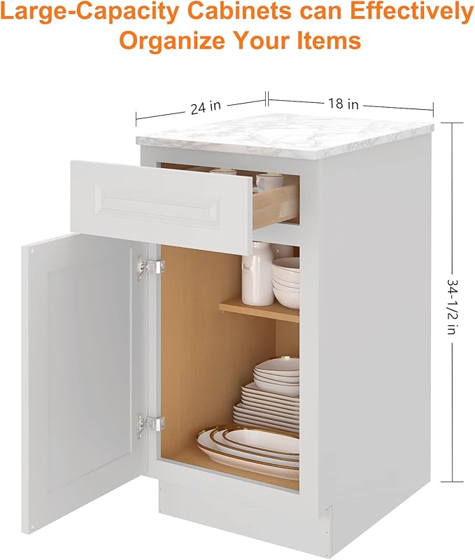LOVMOR Kitchen Base Cabinets, Sideboard Storage Cabinet, Entryway Cabinet with 1-Drawer & Adjustable Shelf, 18" W X 24" D X 34-1/2"H (Light Gray)