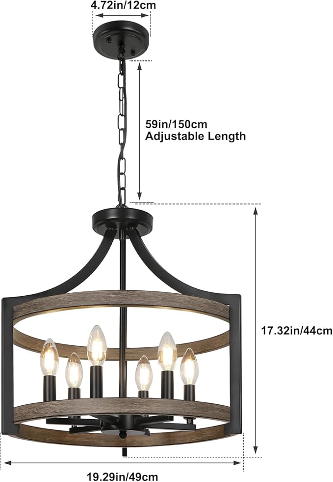 6-Light Farmhouse Chandelier, Rustic Semi Flush Mount Ceiling Light Modern Faux Wood Black Vintage Cage Hanging Pendant Light Fixture for Dining Room Kitchen Foyer Hallway Entryway Bedroom