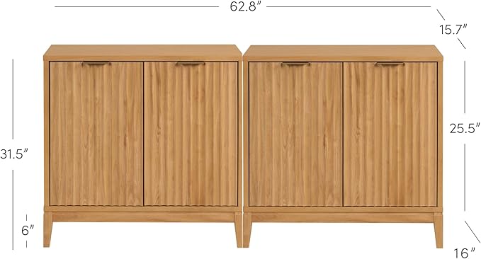 Nathan James Jasper Wood Modern Sideboard Accent Storage Cabinet TV Stand with Fluted Doors, for Kitchen or Living Room, Warm Pine, Set of 2
