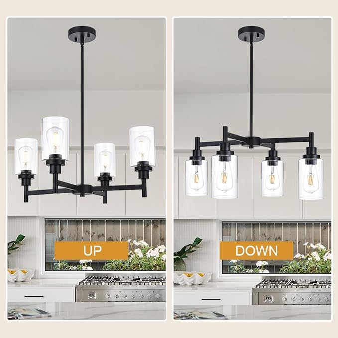 VINLUZ 4 Light Glass Farmhouse Chandelier Black Kitchen Lighting Fixture Hanging with Cylinder Clear Glass Pendant Light for Dining Room Bedroom