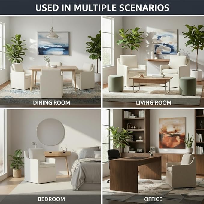 Upholstered Dining Chairs Set of 1, Modern Dining Room Chairs with Casters & Washable Cover, Rolling Accent Chair with Hidden Storage for Kitchen, Farmhouse, Living Room, Flax Beige, 1 Box