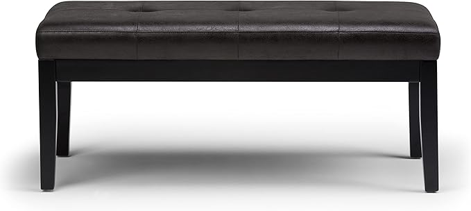 SIMPLIHOME Lacey Tufted Ottoman Bench - 41 inch Wide Upholstered Vegan Leather Rectangle Ottoman in Distressed Black, Contemporary Bench for Bedroom or Entryway with Stitching Detail, Assembled