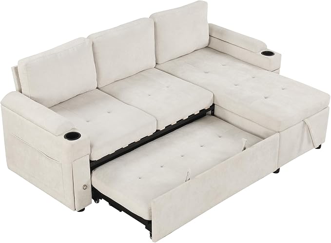 Eafurn 83.5" Sleeper Sectional Sofa with Pull Out Couch Bed, Convertible L-Shaped Sofa with Storage Chaise, Quick Assemble Sleeper Corner Sofa with Cup Holders & USB Ports