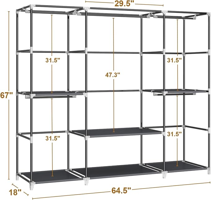64.5" Closet Wardrobe, Portable Closet for Bedroom, Freestanding Clothes Rack with Non-Woven Fabric Cover, 5 Hanging Rods, 6 Storage Shelves, Clothes Storage Organizer, Black
