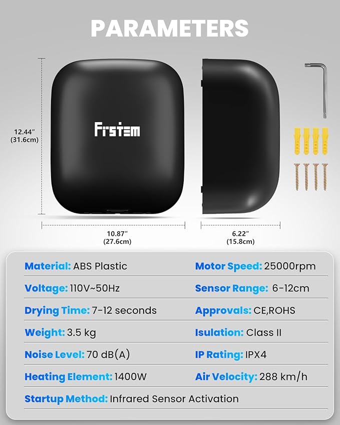 1400W Commercial Hand Dryers, Automatic High Speed Hand Dryer Machine with Auto-Infrared Sensor&Smart Temp Control,Compact Hand Dryer for Home, Bathrooms, Restaurants, Hotels, Black