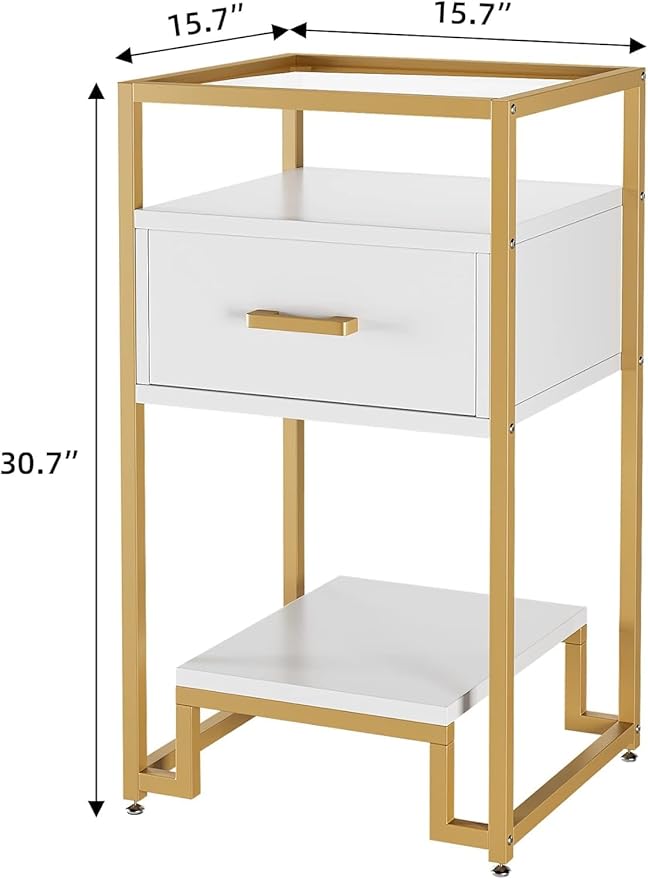 GAOMON Nightstand Set of 2, End Table with Storage Drawer and 3-Tier Storage & Tempered Glass Top, Bedside Furniture with Steel Frame, Side Table for Bedroom, Dorm, Easy Assembly, White and Gold