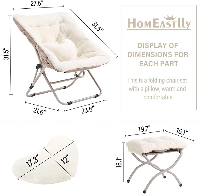 Saucer Chair with Ottoman, Comfy Oversized Folding Chair, Faux-Fur Reading Chair for Adults, Foldable Accent Lazy Chair, Metal Frame Chair for Living Room, Bedroom, Beige
