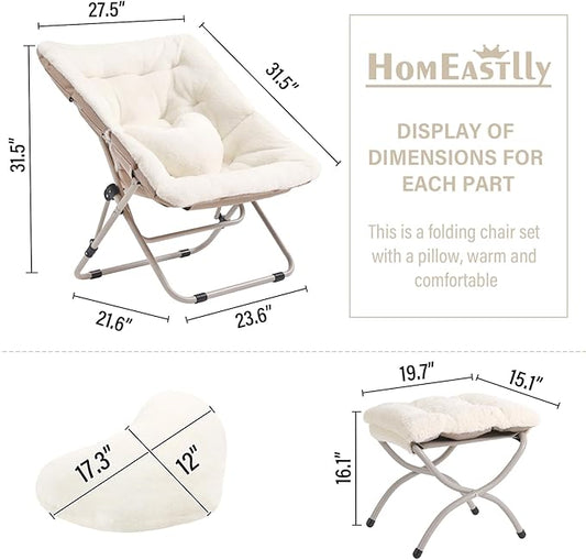 Saucer Chair with Ottoman, Comfy Oversized Folding Chair, Faux-Fur Reading Chair for Adults, Foldable Accent Lazy Chair, Metal Frame Chair for Living Room, Bedroom, Beige