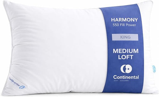 Continental Bedding Harmony White Goose Down Pillow 550 Fill Power Medium Loft 100% Cotton 300 Thread Count Shell King Size 1 Pack Made in USA