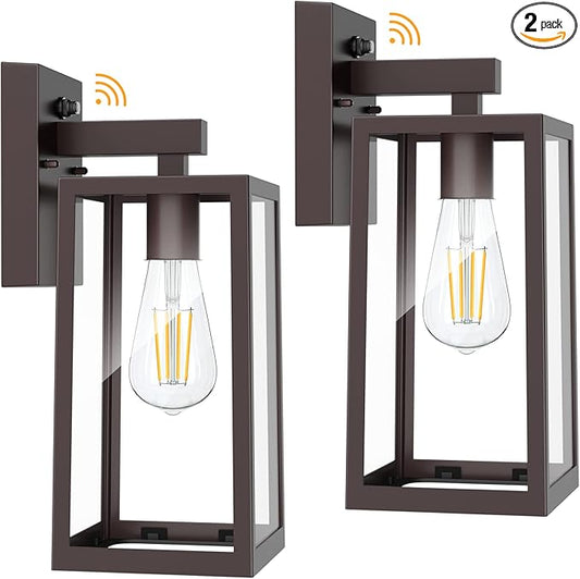 SHINE HAI Dusk to Dawn Outdoor Wall Lantern, Exterior Wall Sconce with E26 Base Socket, Anti-Rust Waterproof Light Fixture with Glass Shade for Garage, Doorway, 2 Pack (Dark Chocolate)
