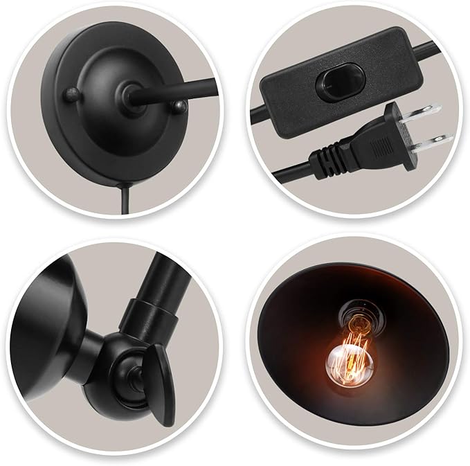 Plug in Wall Sconce, Black, Antique Swing Arm Vintage Industrial Light Fixture, Wall lamp with Plug in Cord On Off Switch E26 Base for Bedroom Bathroom Kitchen 2 Pack