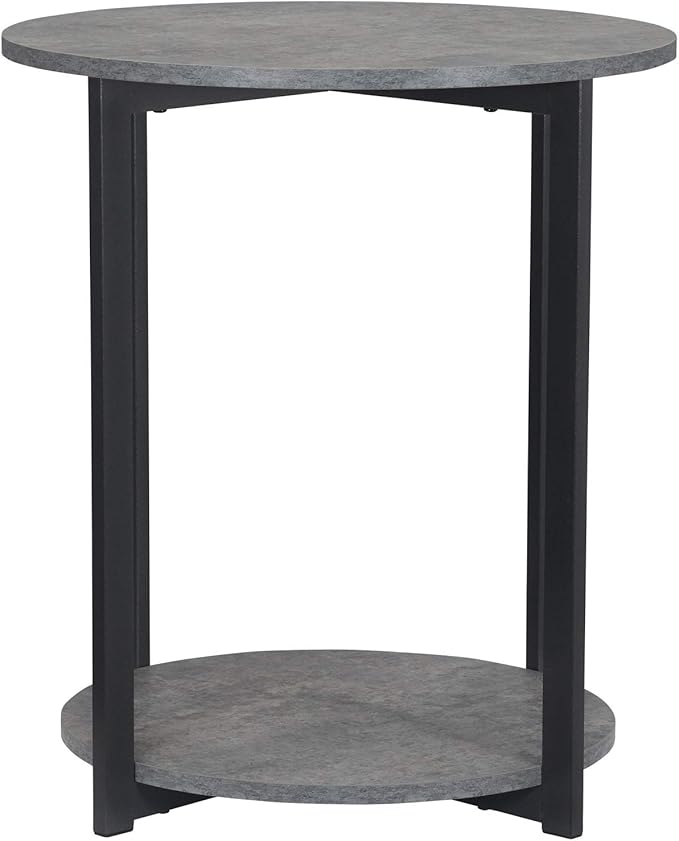 Household Essentials Jamestown Round Side End Table with Storage Shelf Rustic Slate Concrete and Black Metal