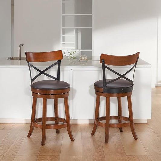 ERGOMASTER Swivel Counter Height Barstool 24 Inch Seat Height Bar Chair Cappuccino X Open Back （ 24 Inches, Set of 2）