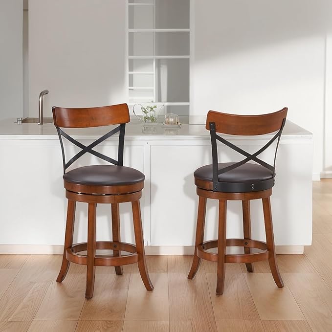 ERGOMASTER Swivel Bar-Stools Rubber Counter Height Barstool 24 Inch Seat Height Bar Chair Cappuccino X Open Back Heavy Duty for Kithcen Dining Bar（ 24 Inches, Set of 2）