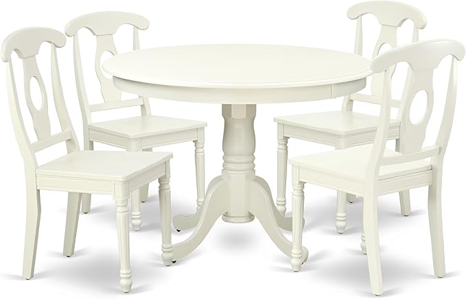 East West Furniture HLKE5-LWH-W 5 Piece Dining Room Table Set Includes a Round Kitchen Table with Pedestal and 4 Dining Chairs, 42x42 Inch, Linen White