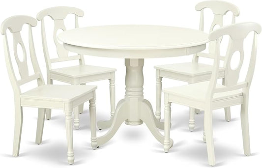 East West Furniture HLKE5-LWH-W 5 Piece Dining Room Table Set Includes a Round Kitchen Table with Pedestal and 4 Dining Chairs, 42x42 Inch, Linen White
