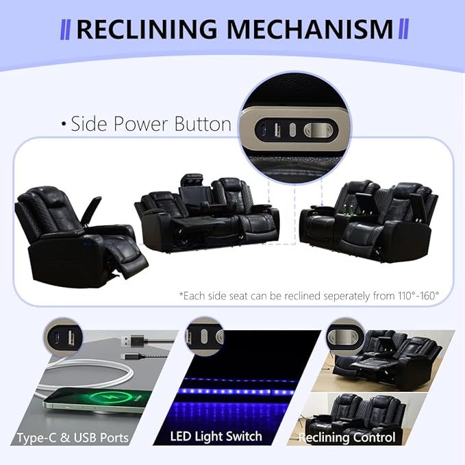 Power Theater Recliner Chair, Black Leather Reclining Sofa Couch Chair, Comfy Recliner with Arm Storage/Cup Holder/USB Port for Living Room Furniture, Bedroom, Office, Home Theater