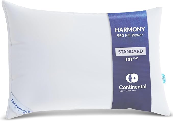Continental Bedding Harmony White Goose Down Pillow 550 Fill Power Soft Loft 100% Cotton 300 Thread Count Shell Queen Size 1 Pack Made in USA