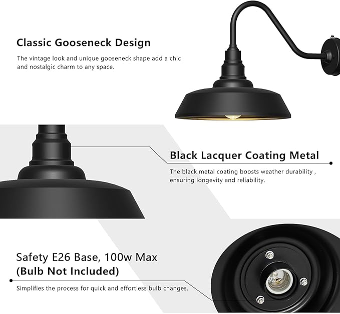 15 Inch Large Outdoor Gooseneck Barn Light, Dusk to Dawn Barn Lights 2-Pack, Exterior Classic Black Barn Light for Porch, Farmhouse, Garage, Gooseneck Lighting