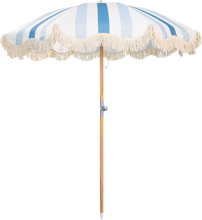 6.5ft Boho Beach Umbrella with Fringe, UPF 50+ Tassel Umbrellas with Carry Bag, Premium Wood Pole Foldable Patio Umbrella for Outdoor Holiday Garden Lawn Pool Yard Table