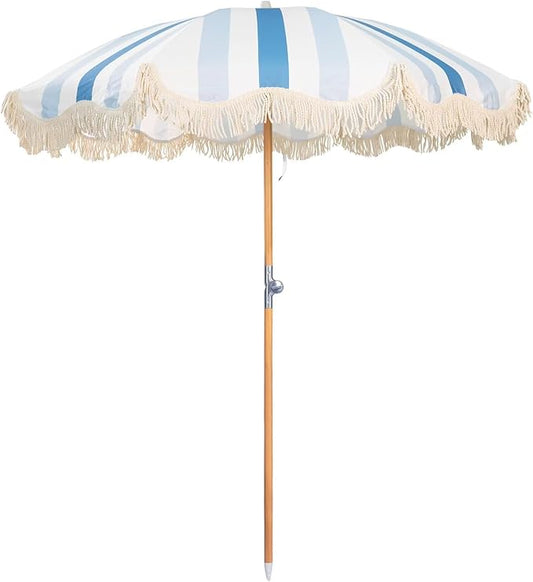 6.5ft Boho Beach Umbrella with Fringe, UPF 50+ Tassel Umbrellas with Carry Bag, Premium Wood Pole Foldable Patio Umbrella for Outdoor Holiday Garden Lawn Pool Yard Table