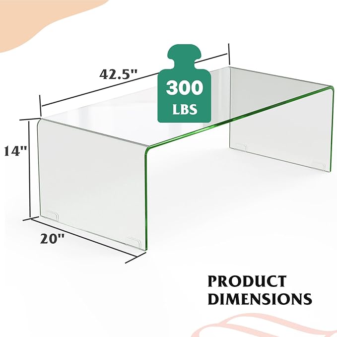 Tangkula Glass Coffee Table, 42.5" L × 20" W ×14" H, Modern Home Furniture, 0.47" Clear Tempered Glass End Table, International Occasion Tea Table, Waterfall Table with Rounded Edges (Clear)