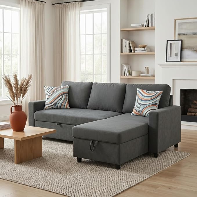 Pull Out Couch, L Shaped Sectional Couch with Pull Out Bed, Convertible Sofa Bed with Storage Chaise, Queen Size Sleeper Sofa, Sofa Bed Couch, Sleeper Sofa with Storage, Dark Gray