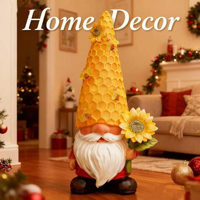 12.3''Garden Gnomes Outdoor Statues Clearance for Garden Decor with Solar Bee Lights,Spring Decorations Gnomes Outside Decor - Sunflower Gift for Women Mom,Yard Art Ornament for Patio Lawn