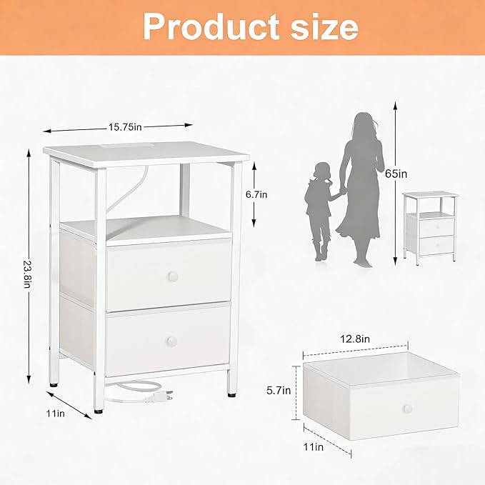 Nightstand with Charging Station, Bedside End Table with 2 Fabric Drawers for Bedroom, Side Table with USB Ports and Outlets (White)