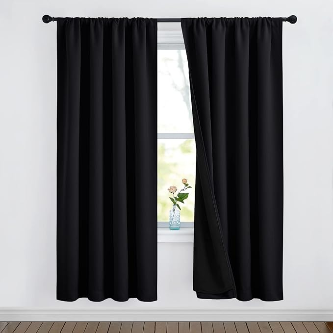 NICETOWN Cold Reducing Curtains, 100% Blackout Curtains 52 x 72, Full Light Blocking Drapes with Black Liner for Nursery, Thermal Bedroom Drapes and Curtains (Black, 2 Pieces)