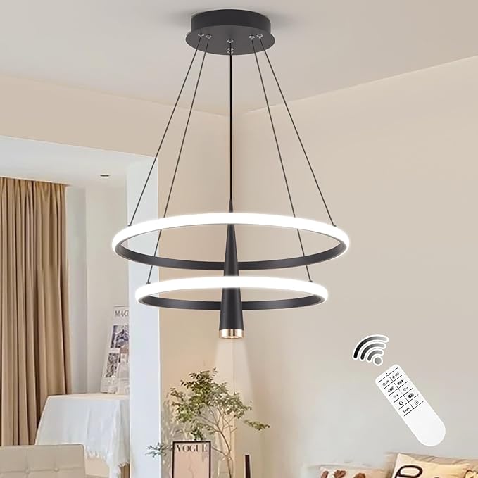 Modern LED Chandelier, Dimmable 20in Black Kitchen Pendant Light Fixture Dining Room Lights Ceiling Hanging, 2 Ring Round Chandeliers for Bedroom Living Room Staircase Over Table (3360lm)