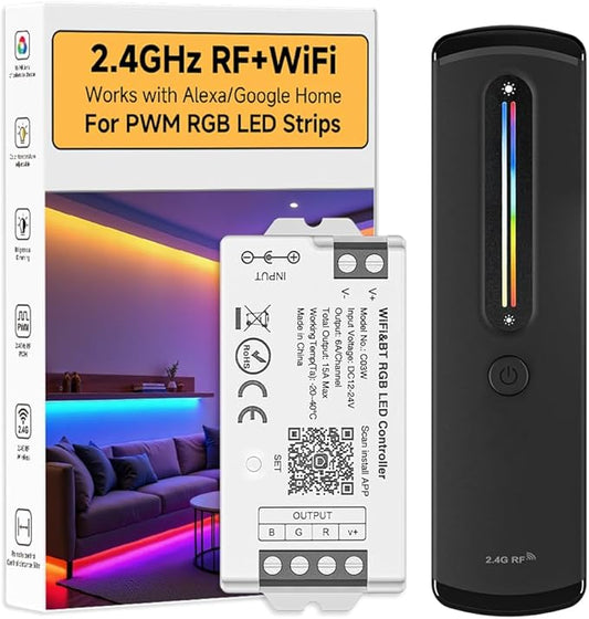 BTF-LIGHTING RF 2.4GHz Wireless Remote RC09RFB & C03W 2.4GHz Tuya WiFi Controller Kit Alexa Google Home Color Adjustment APP Control for RGB PWM 5050SMD FCOB (+ R G B) 4PIN LED Strip DC12V DC24V