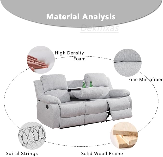 Manual Reclining Sofa Modern Fabric Reclining Sofa Couch in 3 Seats Living Room Couch with Cup Holders & Drop Down Table for Living Room/Office/Rv Car (Grey White, 3 Seater Sofa)