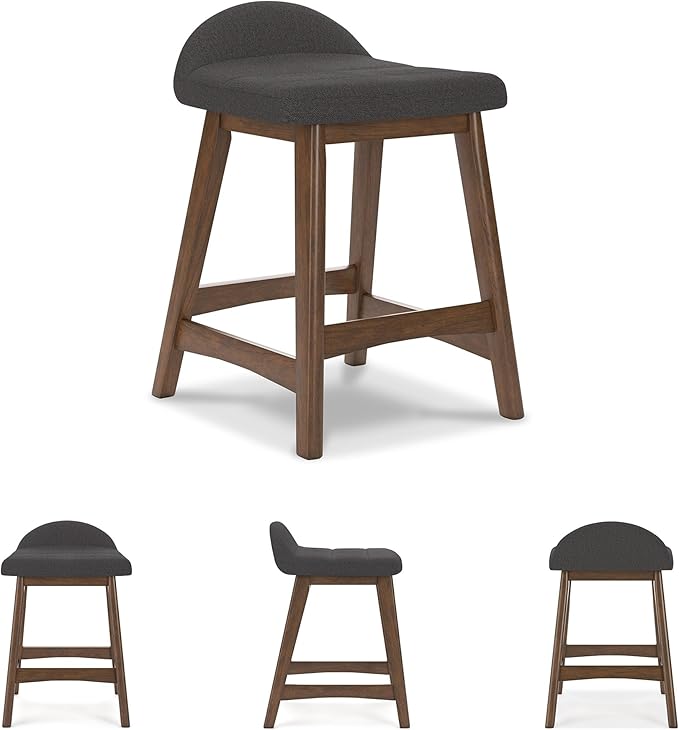 Signature Design by Ashley Lyncott Casual Counter Height Upholstered Bar Stool with Foam Cushion, 2 Count, 24.25" Seat Height, Wood Frame, Charcoal & Brown