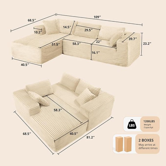 COMHOMA 105”Modular Sectional Sofa with Deep Seat,Cloud Upholstered L-Shape Couch Wide Arms Corduroy Fabric High-Density Foam Chaise Lounge for Living Room No Assembly Required
