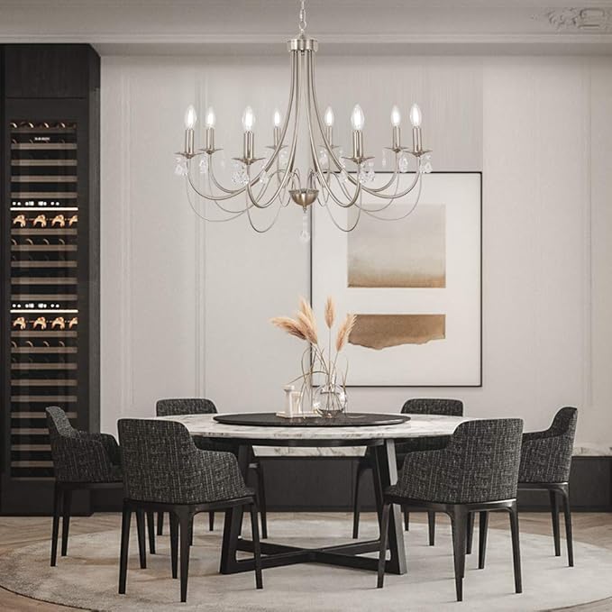 8-Lights Farmhouse Chandeliers Brushed Nickel Industrial Kitchen Island Pendant Light Fixtures Modern Crystal Chandelier Ceiling Lighting for Stairway Foyer Hallway Dining Room