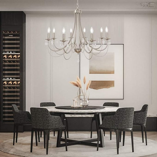 8-Lights Farmhouse Chandeliers Brushed Nickel Industrial Kitchen Island Pendant Light Fixtures Modern Crystal Chandelier Ceiling Lighting for Stairway Foyer Hallway Dining Room